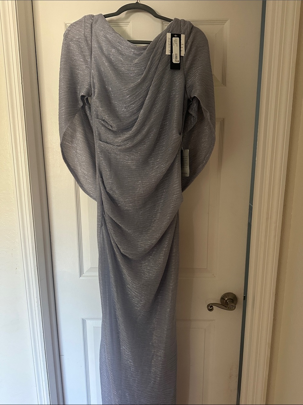 Betsy & Adam Shimmering Light Silver-Gray Long Sleeve Gown